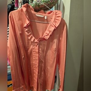 Soft Surroundings Peach Ruffled V-Neck Long Sleeve Blouse